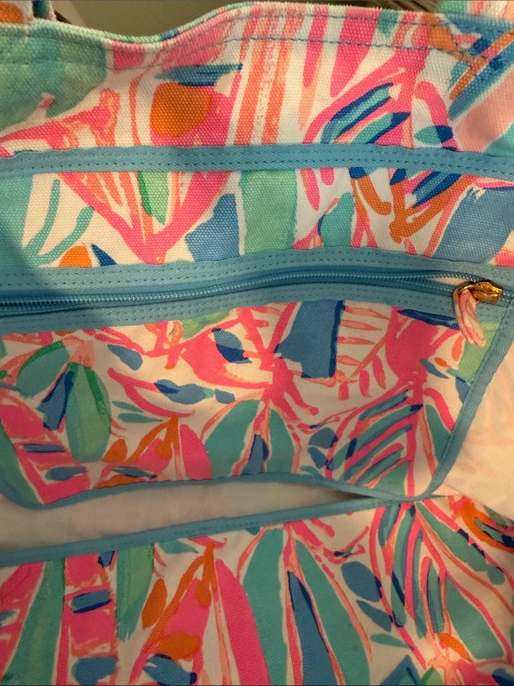 Lilly Pulitzer Canvas Tote in Pink, Teal & Coral Leaf Print